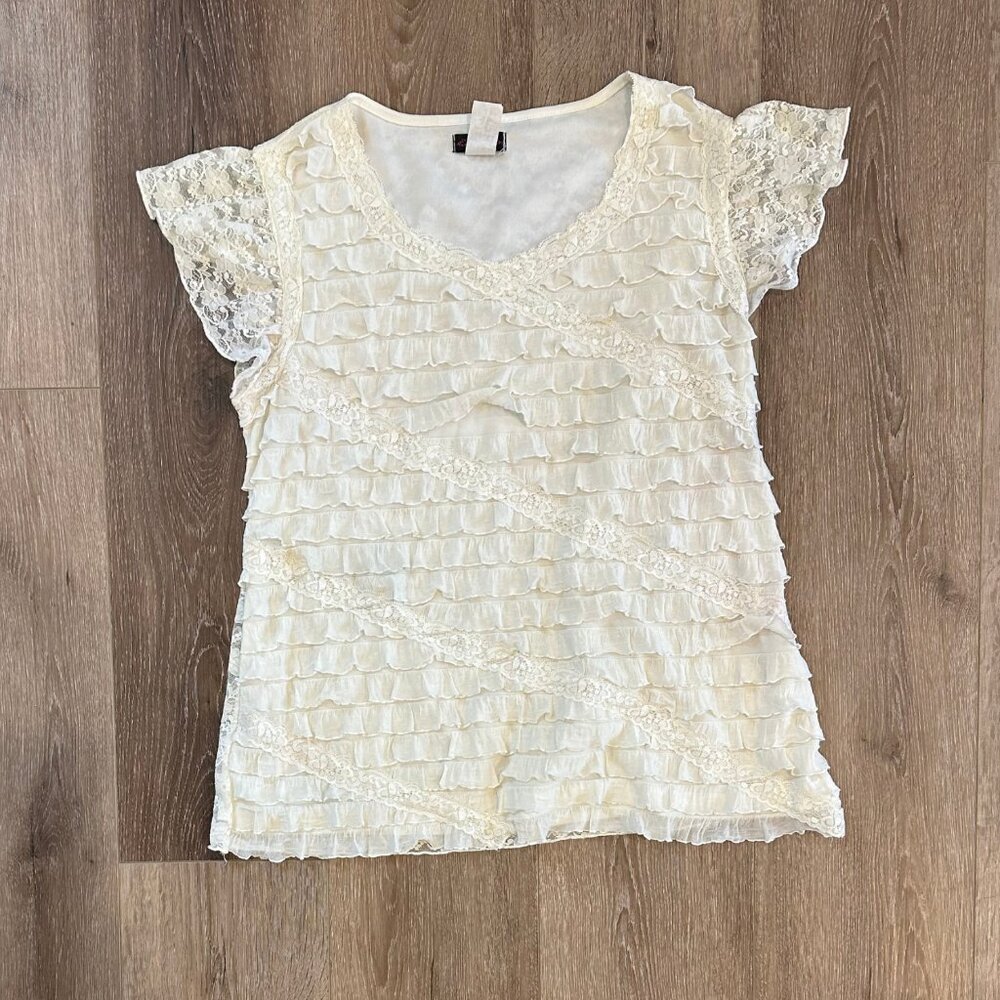 Vintage Y2K Cocomo Flutter Sleeve White Lace Top Size L